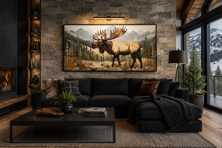 Framed moose wall art in a rustic cabin living room above a black sofa and stone fireplace.