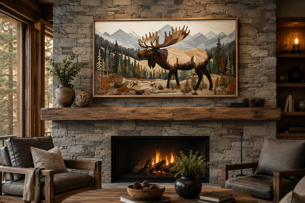 Framed moose wall art with a wood panel effect above a stone fireplace in a rustic cabin setting.