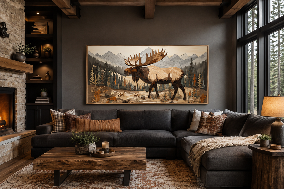 Framed moose wall art in a rustic living room with a dark sectional sofa and stone fireplace.