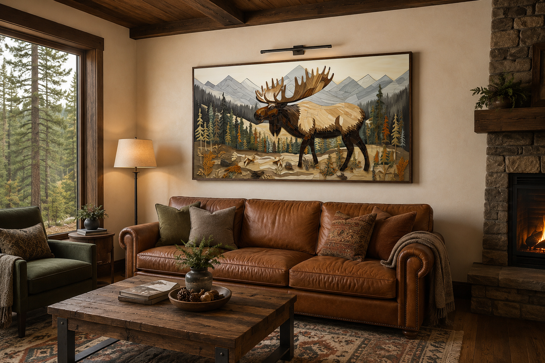 Framed moose wall art in a rustic living room with a leather sofa and stone fireplace.