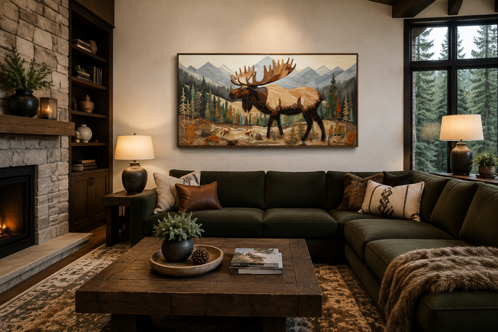 Framed moose wall art in a rustic living room with a green sofa and stone fireplace.