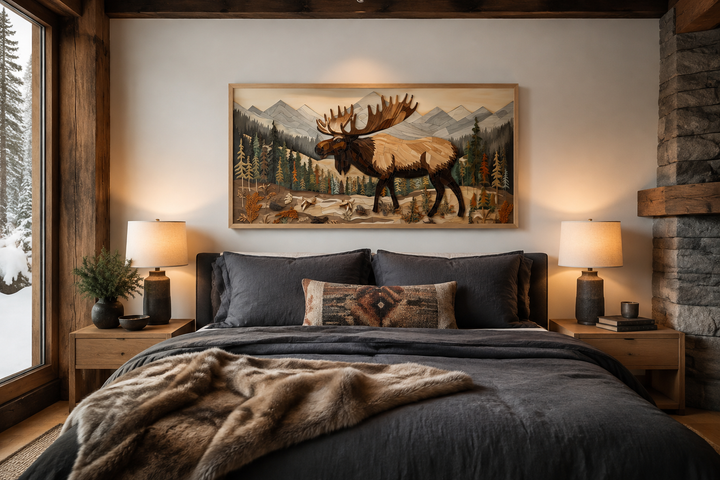 Framed moose wall art in a rustic cabin bedroom with mountain forest scenery and earthy tones.