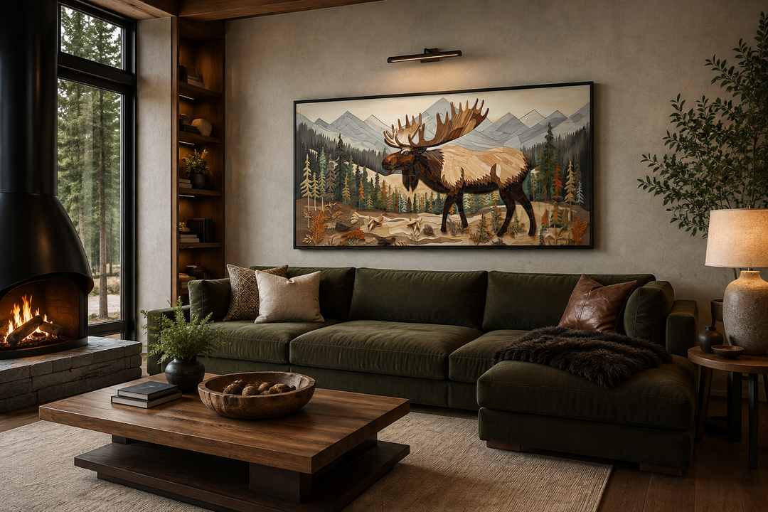 Framed moose wall art in a rustic living room above a green sofa and wooden coffee table.