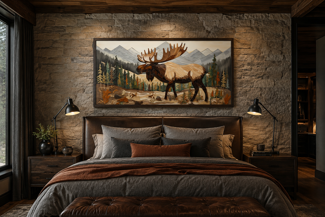 Framed moose wall art in a rustic bedroom with stone walls and leather headboard.