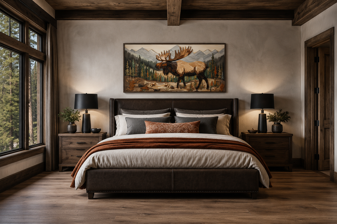 Framed moose wall art in a rustic bedroom with mountain and forest landscape.