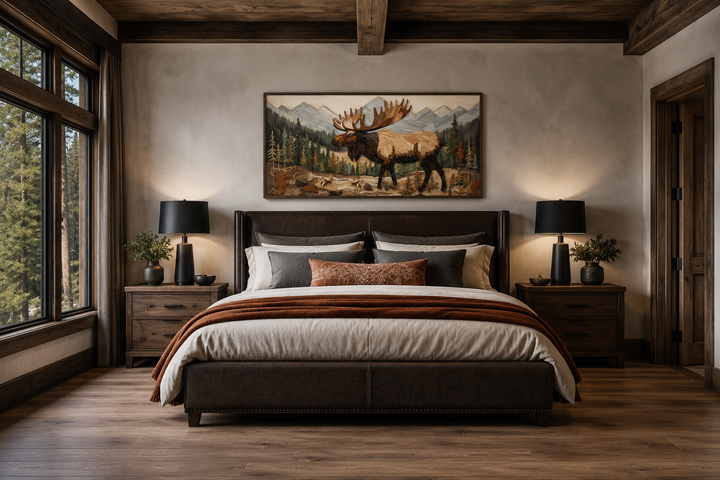 Framed moose wall art in a rustic bedroom with mountain and forest landscape.