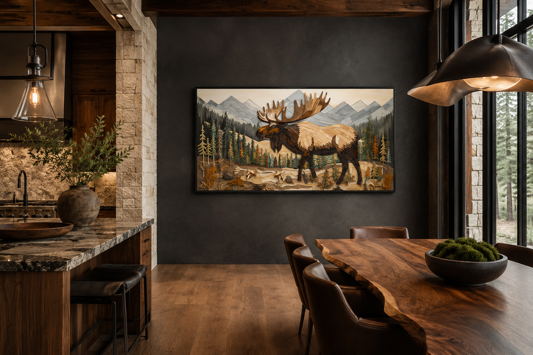 Framed moose wall art in a rustic dining room with a live edge wood table and dark accent wall.