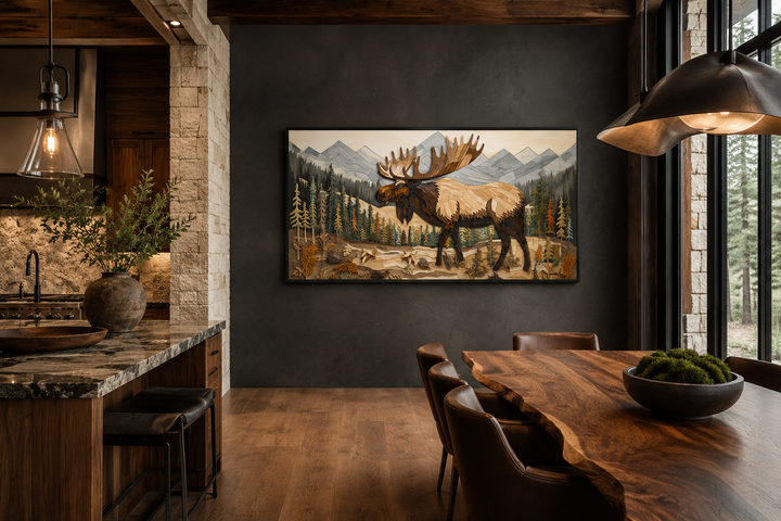 Framed moose wall art in a rustic dining room with a live edge wood table and dark accent wall.