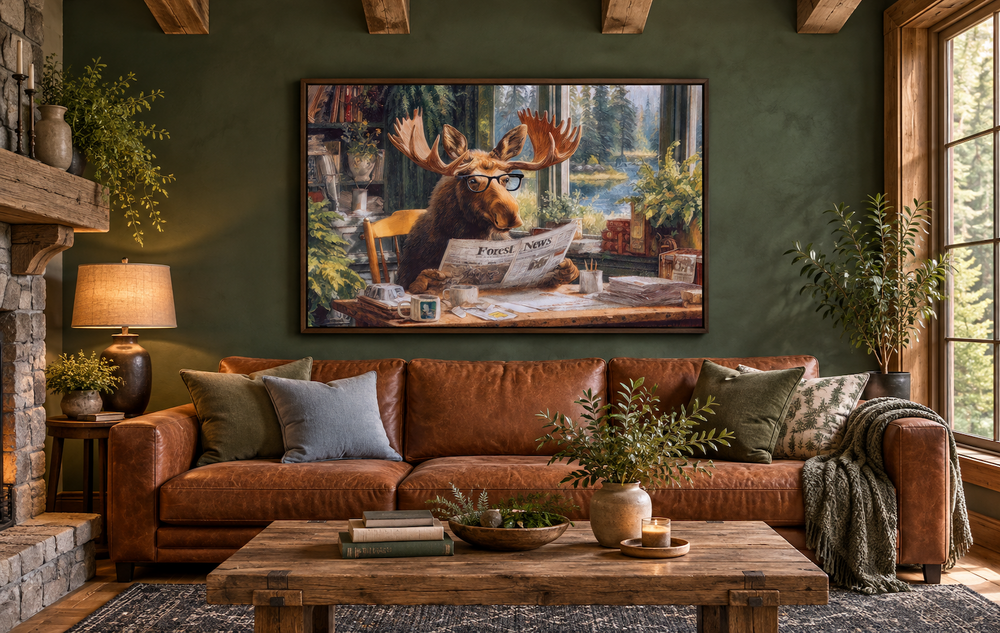 Whimsical framed canvas wall art of a moose reading a newspaper in a rustic cabin living room.