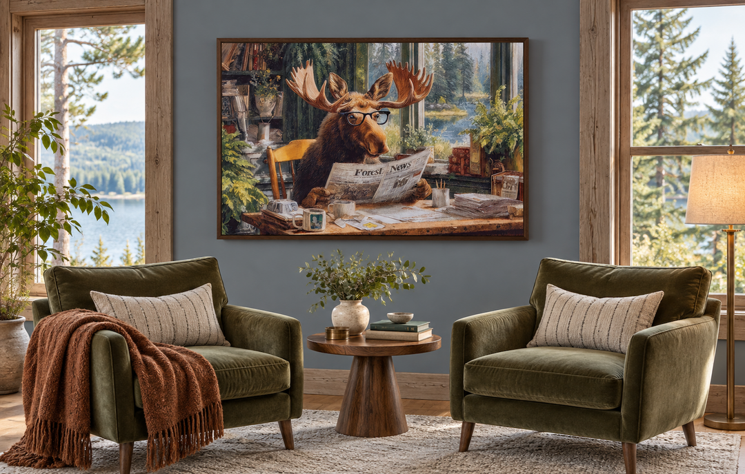 Whimsical framed canvas wall art of a moose reading a newspaper in a rustic cabin living room.