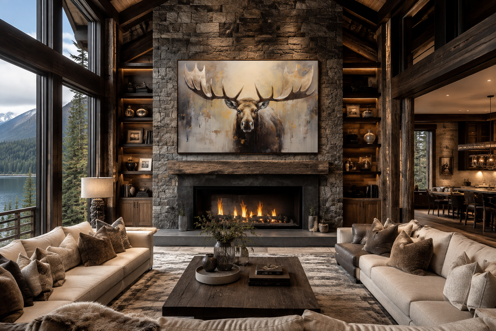 Framed canvas wall art of a moose in neutral beige tones hanging over a stone fireplace in a cabin.