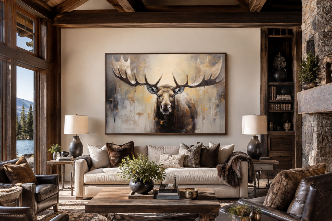 Framed canvas wall art of a majestic moose in neutral beige tones hanging above a living room sofa.