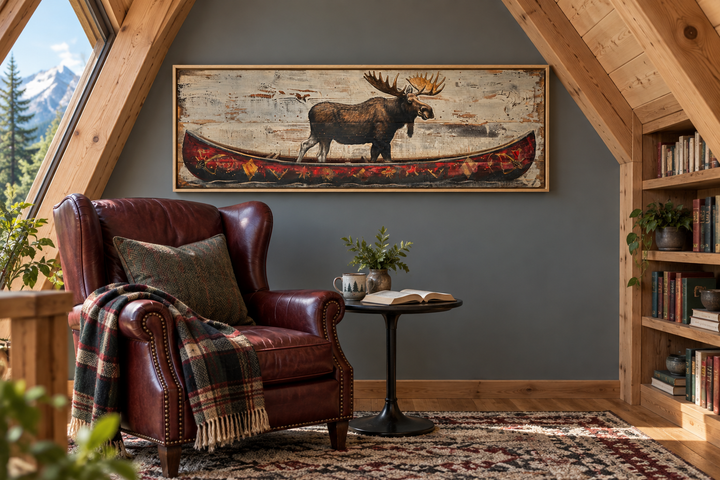 Elch im roten Kanu, langes Panorama, gerahmte Leinwand, Wandkunst für die Kabinendekoration