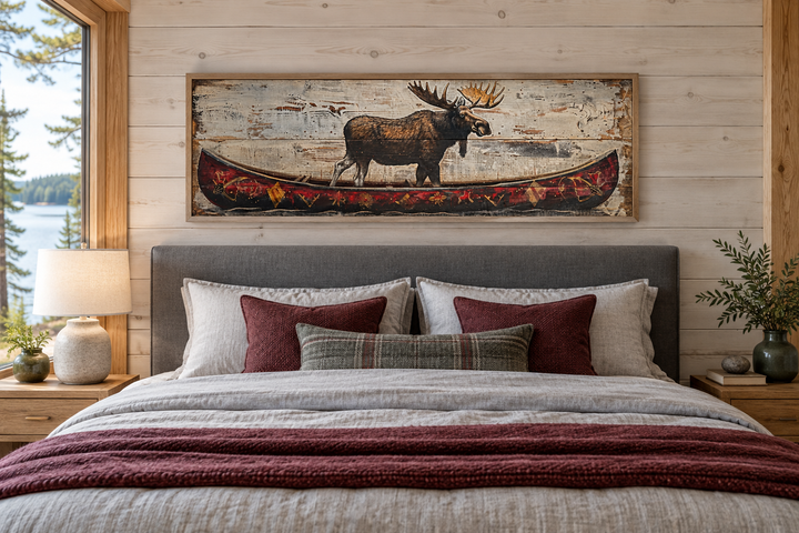 Elch im roten Kanu, langes Panorama, gerahmte Leinwand, Wandkunst für die Kabinendekoration