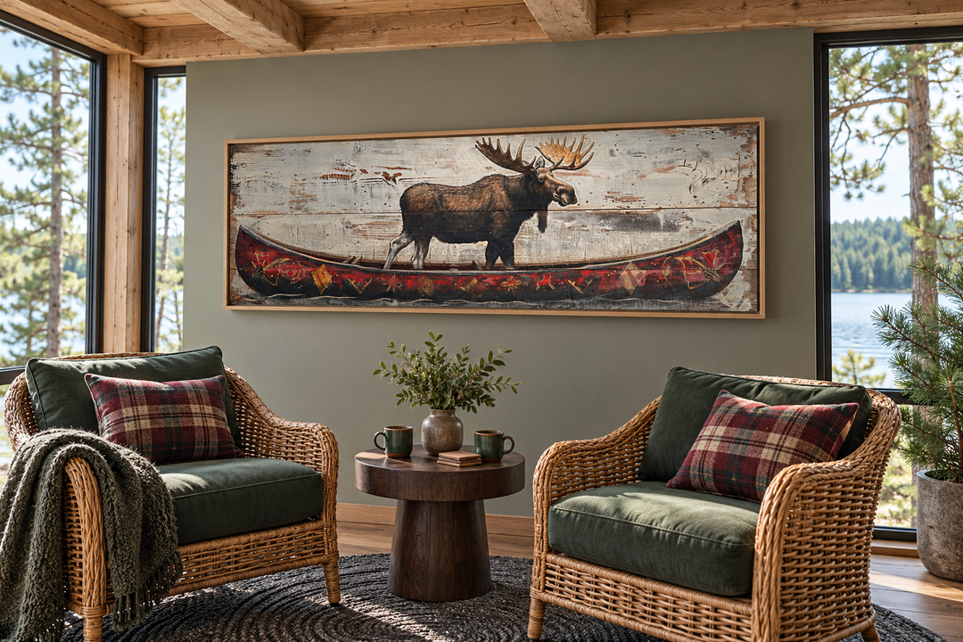 Elch im roten Kanu, langes Panorama, gerahmte Leinwand, Wandkunst für die Kabinendekoration