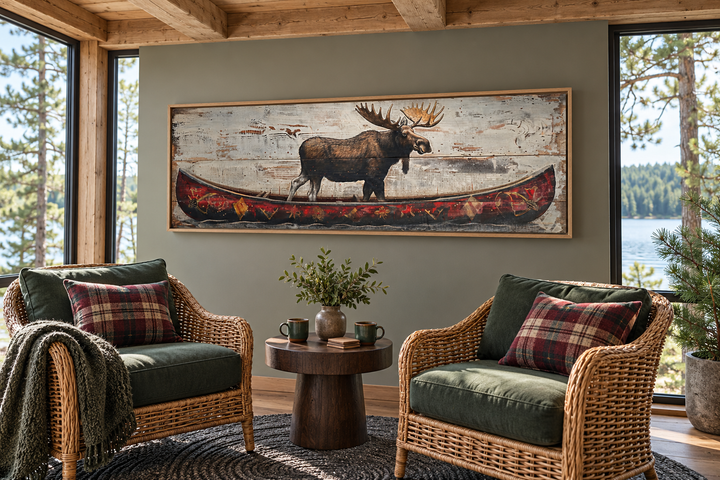 Elch im roten Kanu, langes Panorama, gerahmte Leinwand, Wandkunst für die Kabinendekoration