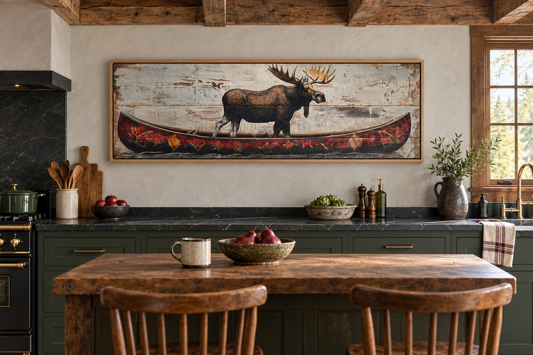 Elch im roten Kanu, langes Panorama, gerahmte Leinwand, Wandkunst für die Kabinendekoration