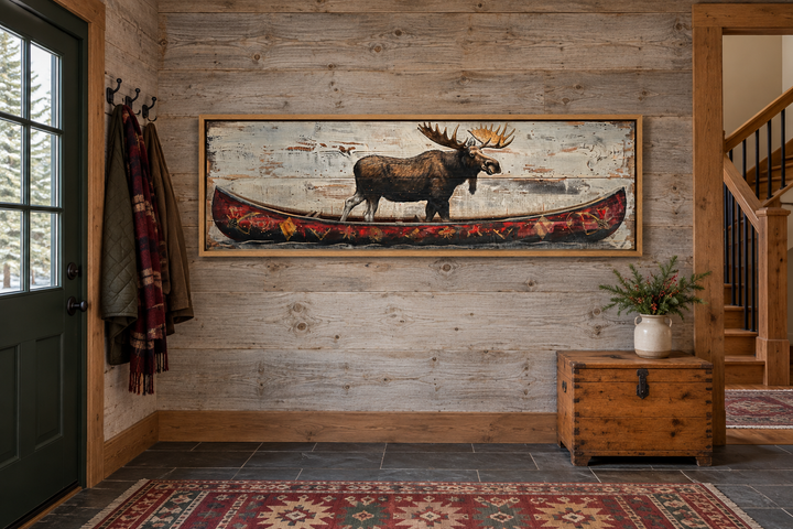 Elch im roten Kanu, langes Panorama, gerahmte Leinwand, Wandkunst für die Kabinendekoration