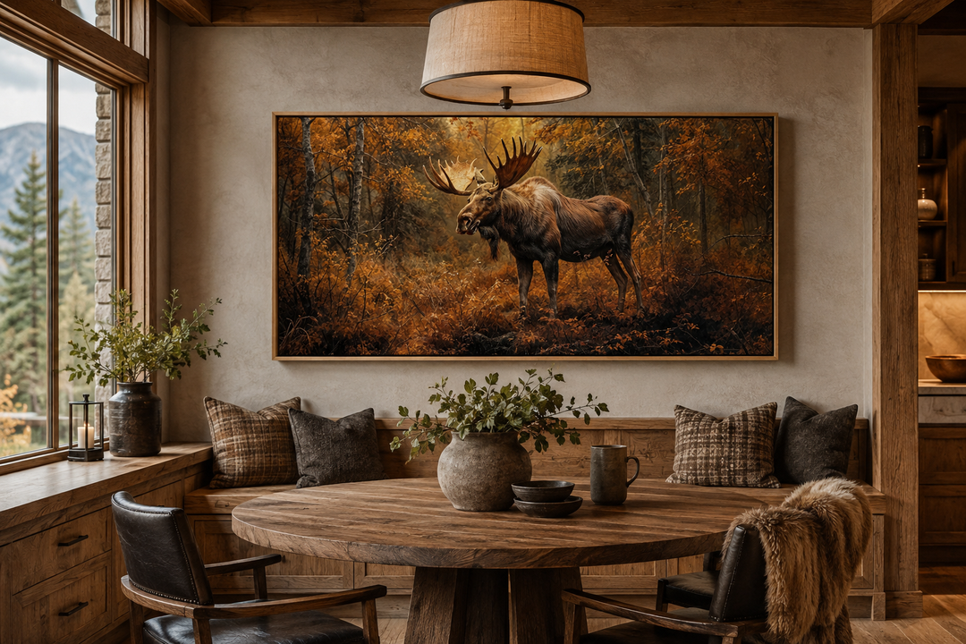 Large moose canvas print in a rustic dining room with warm autumn colors and wood accents.