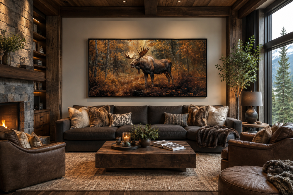 Large moose canvas print in an autumn forest, framed and hung above a sofa in a rustic living room.