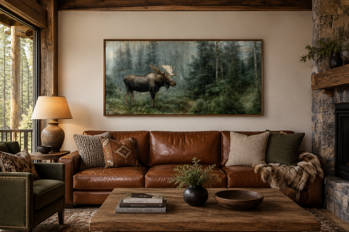 Moose wall art canvas print in a rustic cabin living room above a brown leather sofa.