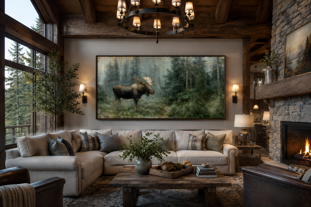 Moose wall art canvas print in a rustic cabin living room above a white sectional sofa.