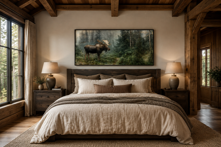 Moose wall art canvas print in a rustic bedroom with wood beams and earthy tones.