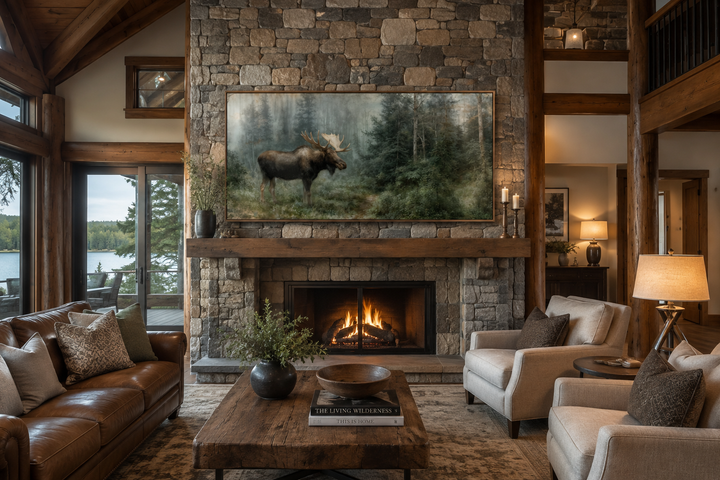 Moose wildlife canvas print above a stone fireplace in a rustic cabin living room.