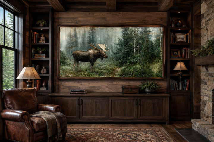 Moose canvas print in a rustic cabin setting with wood walls, leather chair, and stone fireplace.