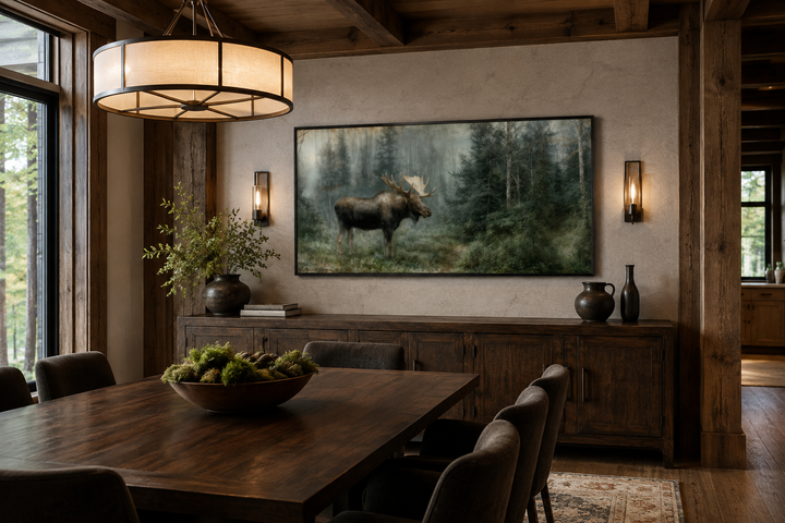 Moose wall art canvas print in a rustic dining room with dark wood furniture and forest views.