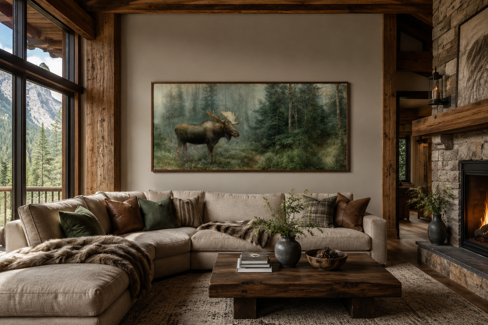 Moose wall art canvas print in a rustic cabin living room above a sectional sofa.