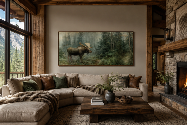 Moose wall art canvas print in a rustic cabin living room above a sectional sofa.