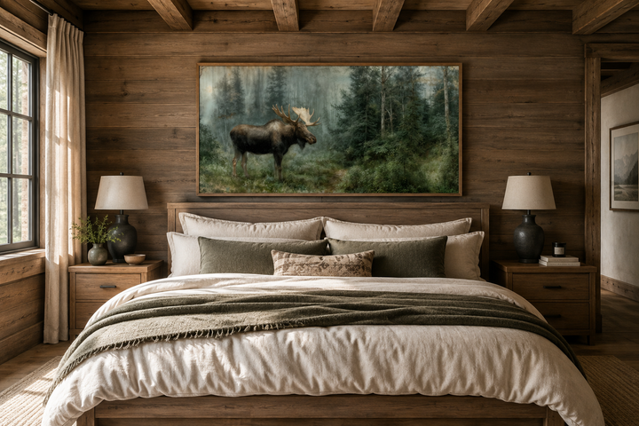 Rustic moose canvas print in a woodland forest setting above a bed in a cabin-style bedroom.