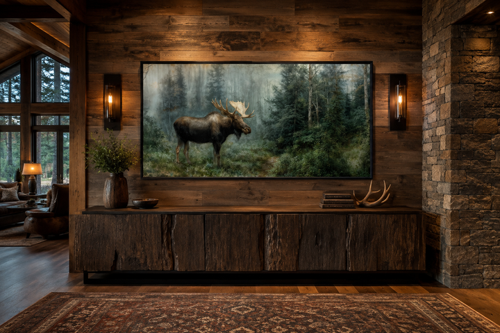 Moose wall art canvas print in a rustic cabin setting with wood walls and stone accents.
