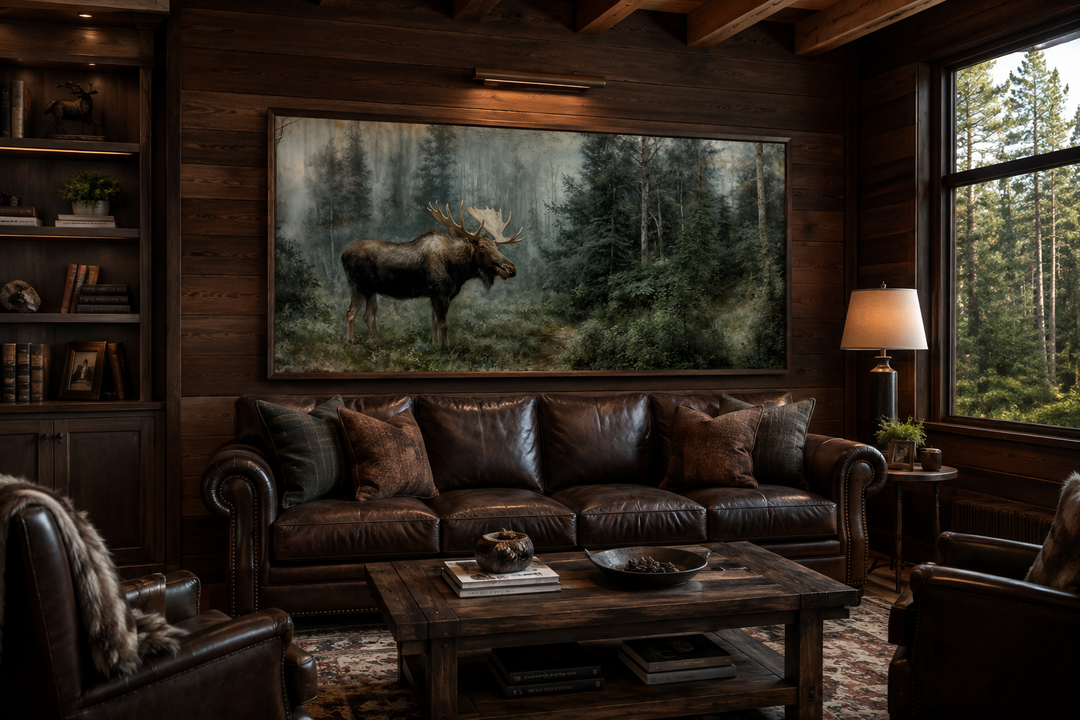 Moose wall art canvas print in a rustic cabin living room with dark wood walls and leather sofa.