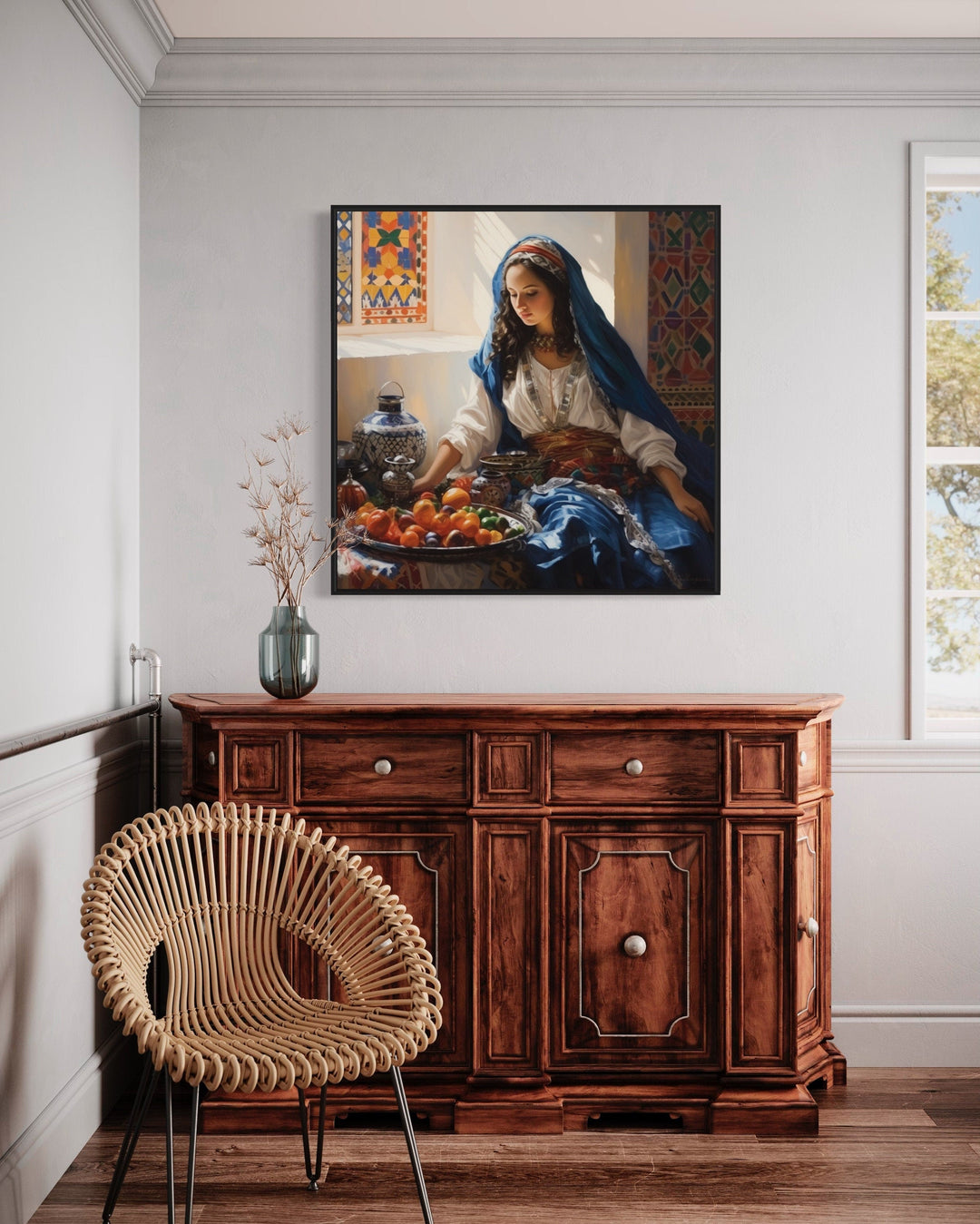 Moroccan woman wall art canvas featuring colorful fruit in a rustic dining room setting.