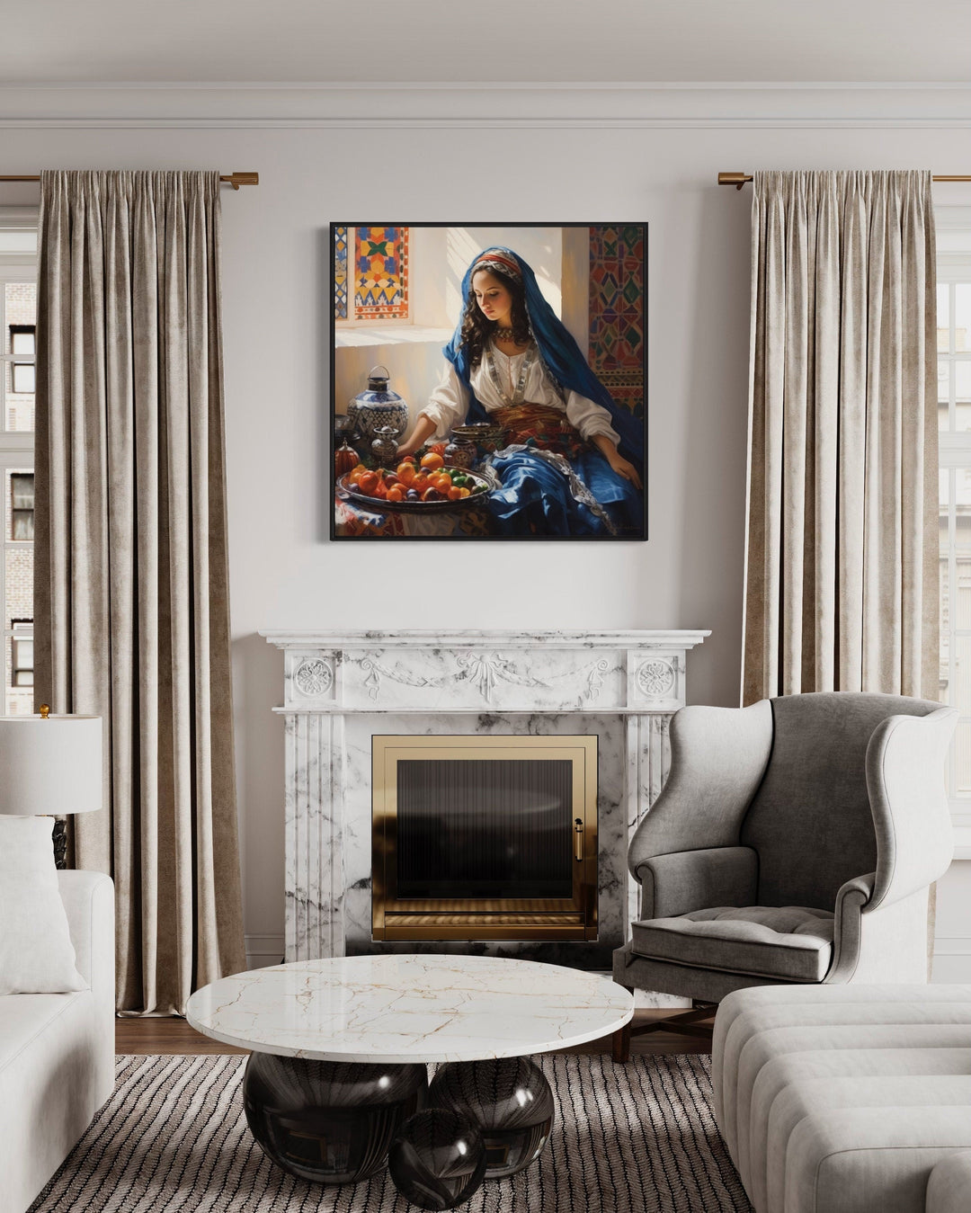 Moroccan woman wall art canvas above a marble fireplace in a modern living room.
