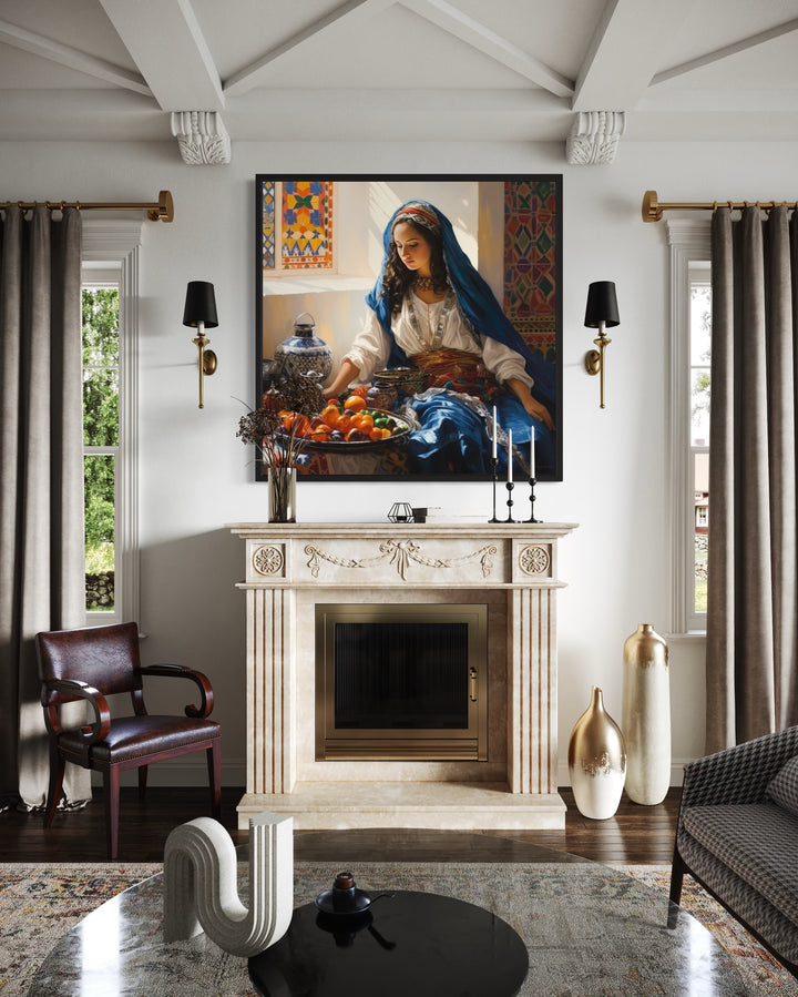 Moroccan woman wall art canvas featuring colorful fruit above a fireplace in a modern living room.