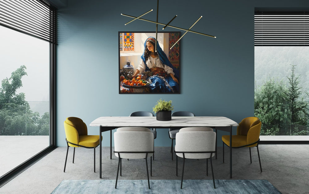 Moroccan Woman Wall Art - Colorful Fruit Canvas | Rustic Kitchen Decor