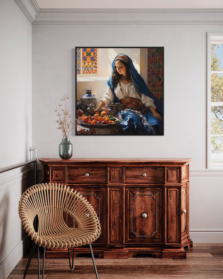 Moroccan Woman Wall Art - Colorful Fruit Canvas | Rustic Kitchen Decor