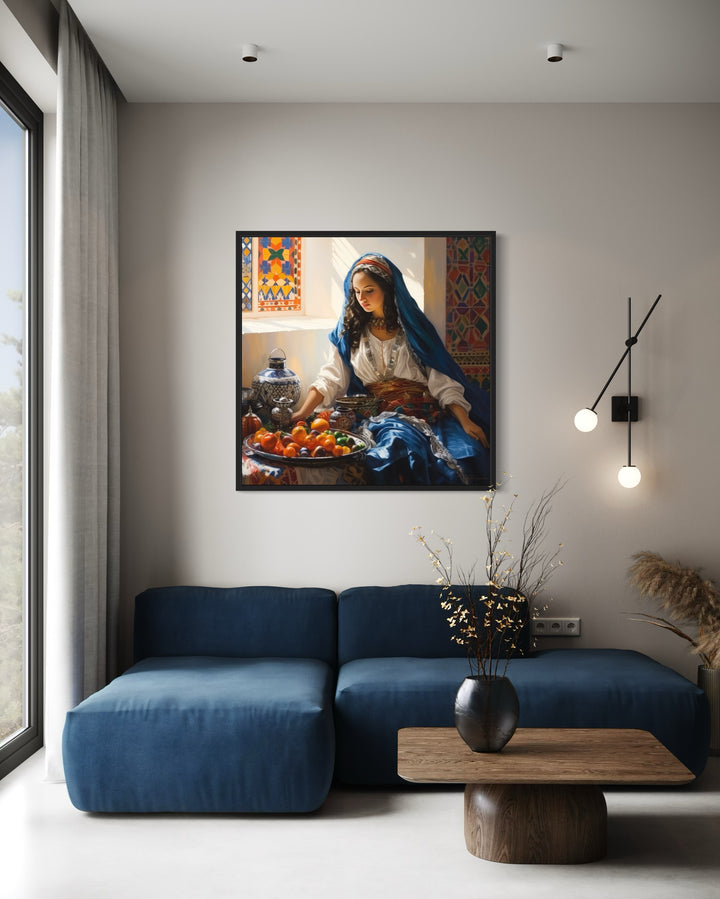 Moroccan Woman Wall Art - Colorful Fruit Canvas | Rustic Kitchen Decor