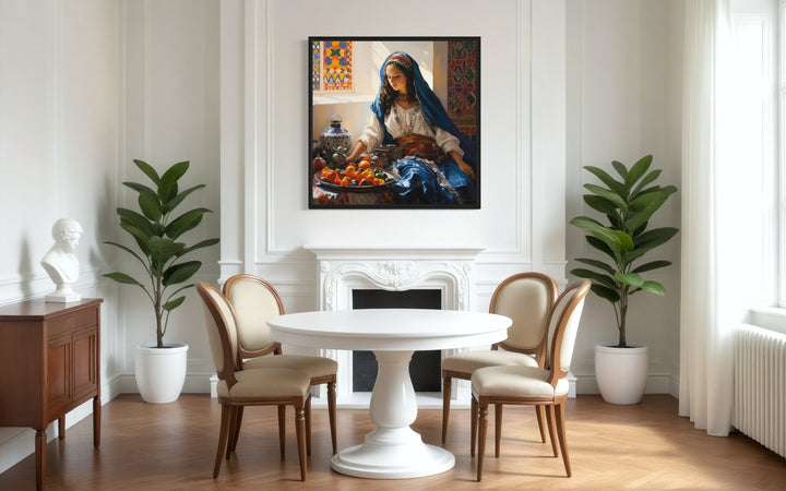 Moroccan Woman Wall Art - Colorful Fruit Canvas | Rustic Kitchen Decor