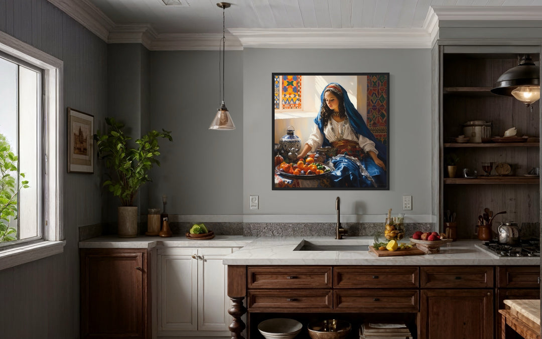 Moroccan Woman Wall Art - Colorful Fruit Canvas | Rustic Kitchen Decor
