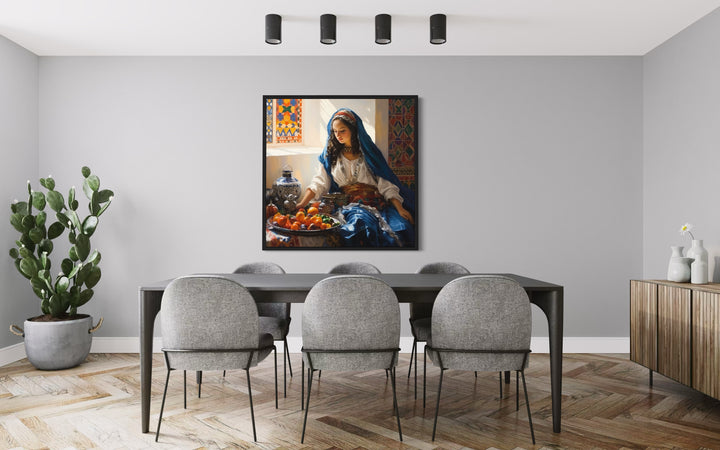 Moroccan Woman Wall Art - Colorful Fruit Canvas | Rustic Kitchen Decor