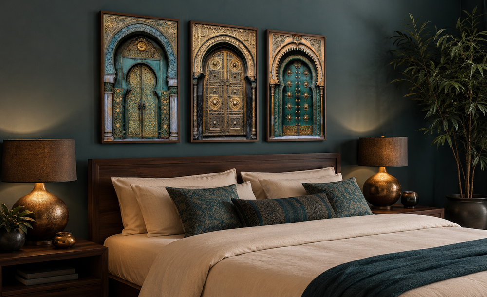 Set of 3 framed canvas prints featuring intricate Marrakesh doors above a bed in a dark green room.