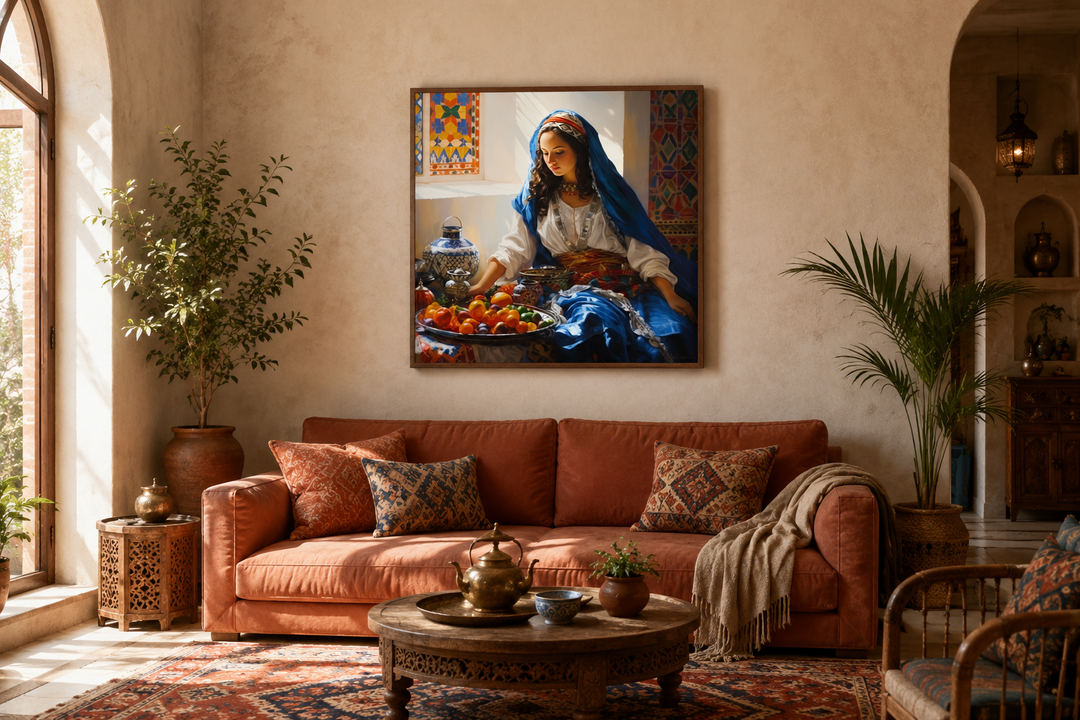 Moroccan woman wall art featuring a woman with colorful fruit in a rustic kitchen or dining setting.