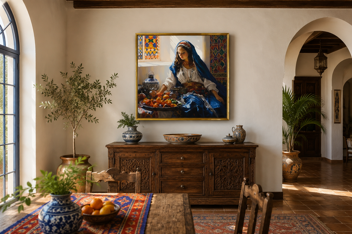 Moroccan woman wall art canvas featuring a woman with fruit, hung above a rustic wooden sideboard.