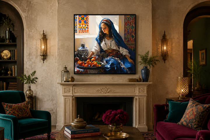 Moroccan woman wall art canvas featuring a woman with fruit, hung above a fireplace in a living room.