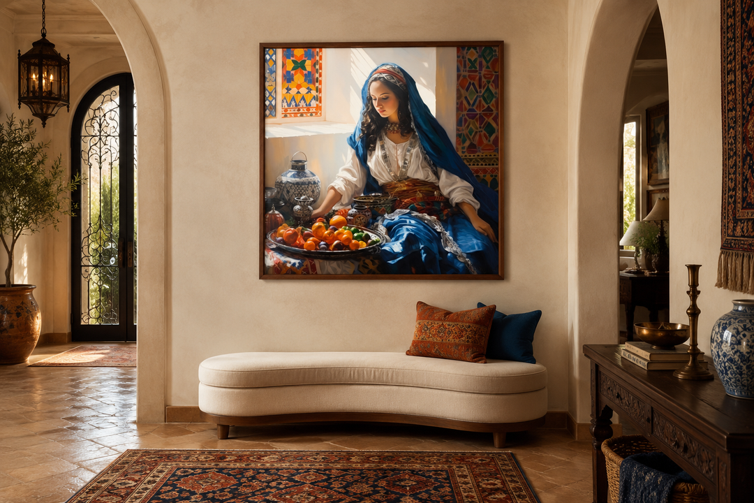 Framed canvas art of a Moroccan woman with fruit, hung above a curved bench in a Mediterranean room.