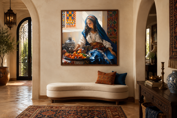 Framed canvas art of a Moroccan woman with fruit, hung above a curved bench in a Mediterranean room.